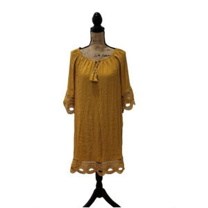 Mlle Gabrielle mustard embroidered dress 3/4 sleeves midi length, size small